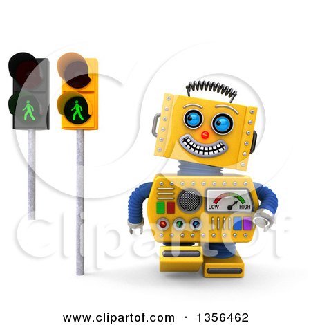 Clipart of a 3d Happy Yellow Retro Robot Glancing at Green Pedestrian Traffic Lights, on a White Background - Royalty Free Illustration by stockillustrations