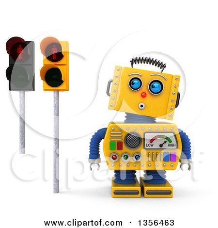Clipart of a 3d Surprised Yellow Retro Robot Looking up at Red Pedestrian Traffic Lights, on a White Background - Royalty Free Illustration by stockillustrations