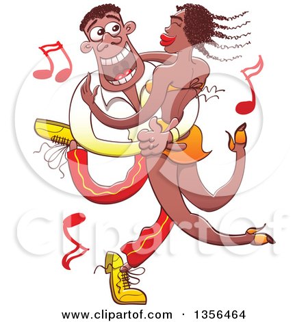 Clipart of a Black Couple Dancing Salsa, with Red Music Notes - Royalty Free Vector Illustration by Zooco