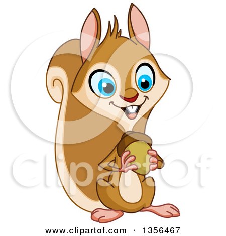 Clipart of a Cartoon Happy Blue Eyed Squirrel Holding an Acorn Nut - Royalty Free Vector Illustration by yayayoyo