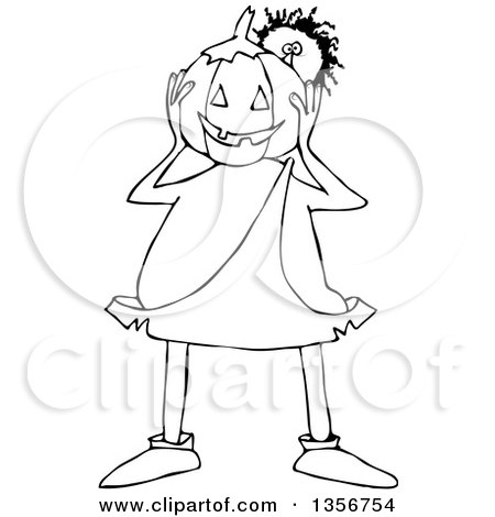 Clipart of a Cartoon Black and White Caveman Holding a Halloween Jackolantern Pumpkin in Front of His Face - Royalty Free Vector Illustration by djart