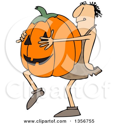 Clipart of a Cartoon Caveman Carrying a Large Halloween Jackolantern Pumpkin - Royalty Free Vector Illustration by djart