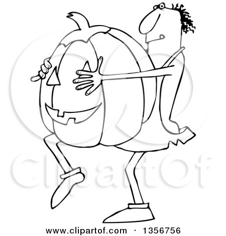 Clipart of a Cartoon Black and White Caveman Carrying a Large Halloween Jackolantern Pumpkin - Royalty Free Vector Illustration by djart