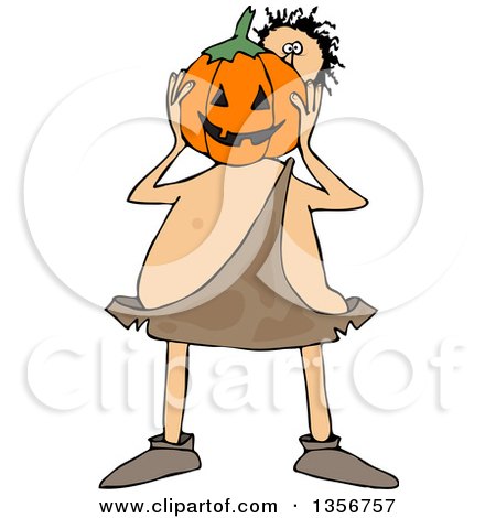 Clipart of a Cartoon Caveman Holding a Halloween Jackolantern Pumpkin in Front of His Face - Royalty Free Vector Illustration by djart