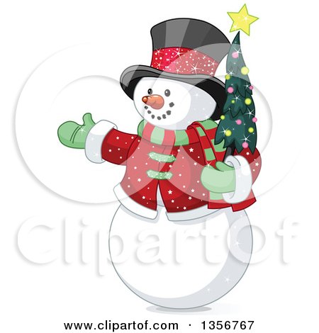 Clipart of a Presenting Snowman Holding a Small Christmas Tree - Royalty Free Vector Illustration by Pushkin