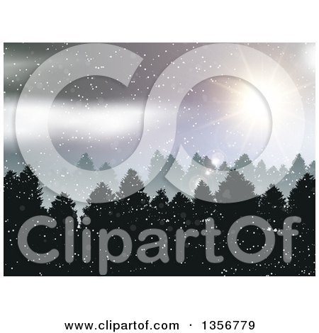 Clipart of a Forest Winter Landscape with Sunshine and Snow - Royalty Free Vector Illustration by KJ Pargeter