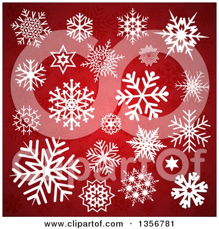 Clipart of Ornate White Snowflakes over Gradient Red - Royalty Free Vector Illustration by KJ Pargeter