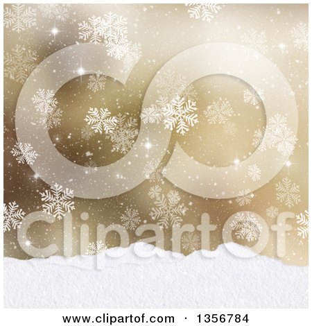 Clipart of a Gold Snowflake Winter Christmas Background with Shining Stars - Royalty Free Illustration by KJ Pargeter