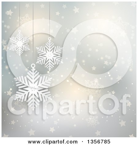 Clipart of a Suspended Snowflakes over a Flare, Star and Snowflake Background - Royalty Free Vector Illustration by KJ Pargeter