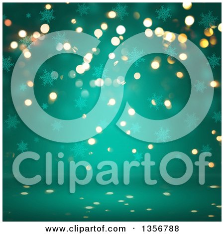 Clipart of a Background of Bokeh Flares and Snowflakes on Turquoise - Royalty Free Illustration by KJ Pargeter