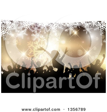 Clipart of a Silhouetted Group of People Dancing at a Christmas Party over Snowflakes and Bokeh - Royalty Free Vector Illustration by KJ Pargeter