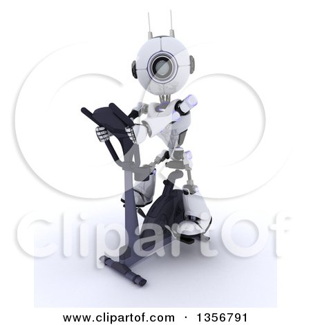 Clipart of a 3d Futuristic Robot Exercising on a Stationary Bike, on a Shaded White Background - Royalty Free Illustration by KJ Pargeter