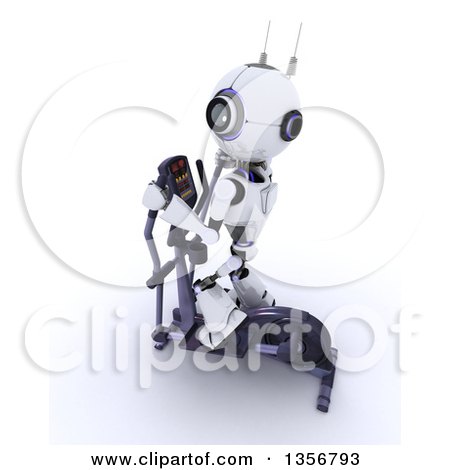Clipart of a 3d Futuristic Robot Exercising on a Cross Trainer, on a Shaded White Background - Royalty Free Illustration by KJ Pargeter
