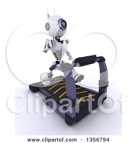 Clipart of a 3d Futuristic Robot Exercising on a Treadmill, on a Shaded White Background - Royalty Free Illustration by KJ Pargeter