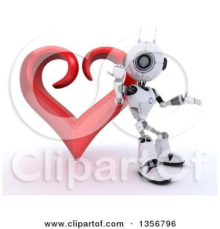 Clipart of a 3d Futuristic Robot Presenting and Leaning on a Red Heart, on a Shaded White Background - Royalty Free Illustration by KJ Pargeter