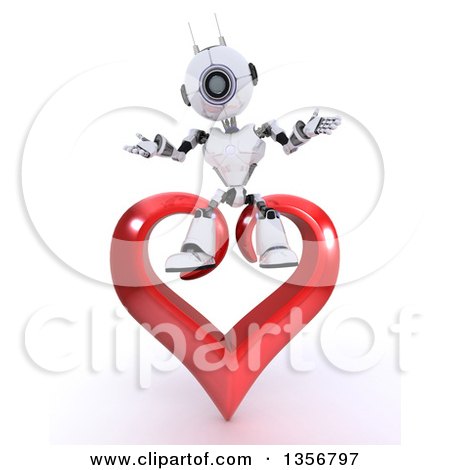 Clipart of a 3d Futuristic Robot Sitting on a Red Heart, on a Shaded White Background - Royalty Free Illustration by KJ Pargeter