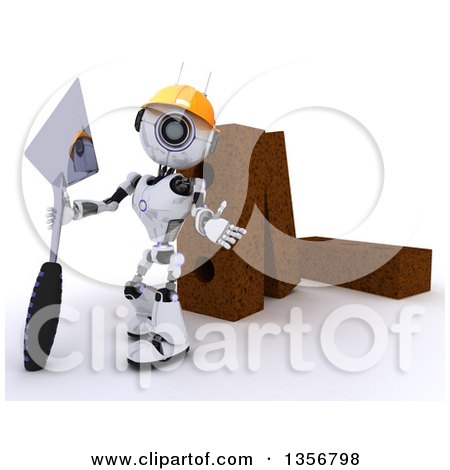Clipart of a 3d Futuristic Robot Mason Construction Worker Holding a Trowel and Presenting by Giant Bricks, on a Shaded White Background - Royalty Free Illustration by KJ Pargeter