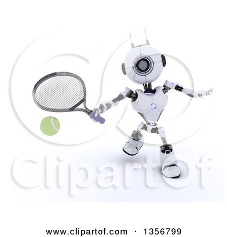 Clipart of a 3d Futuristic Robot Playing Tennis, on a Shaded White Background - Royalty Free Illustration by KJ Pargeter