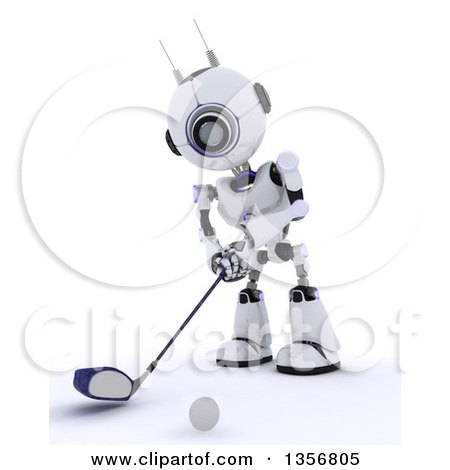 Clipart of a 3d Futuristic Robot Golfing, on a Shaded White Background - Royalty Free Illustration by KJ Pargeter