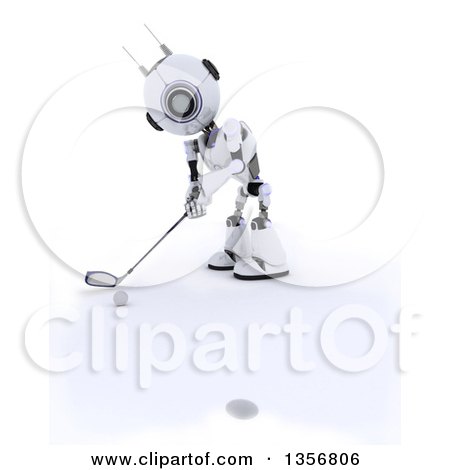 Clipart of a 3d Futuristic Robot Golfing, on a Shaded White Background - Royalty Free Illustration by KJ Pargeter