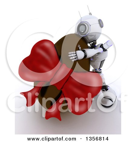 Clipart of a 3d Futuristic Robot Hugging a Giant Chocolate Easter Egg, on a Shaded White Background - Royalty Free Illustration by KJ Pargeter