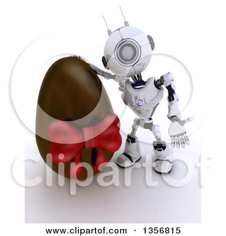 Clipart of a 3d Futuristic Robot Presenting a Giant Chocolate Easter Egg, on a Shaded White Background - Royalty Free Illustration by KJ Pargeter