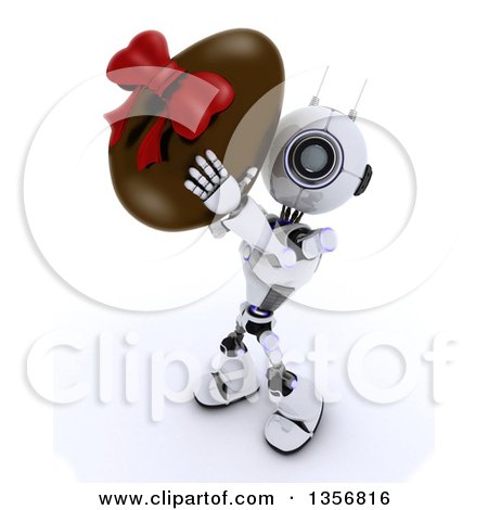 Clipart of a 3d Futuristic Robot Holding up a Giant Chocolate Easter Egg, on a Shaded White Background - Royalty Free Illustration by KJ Pargeter