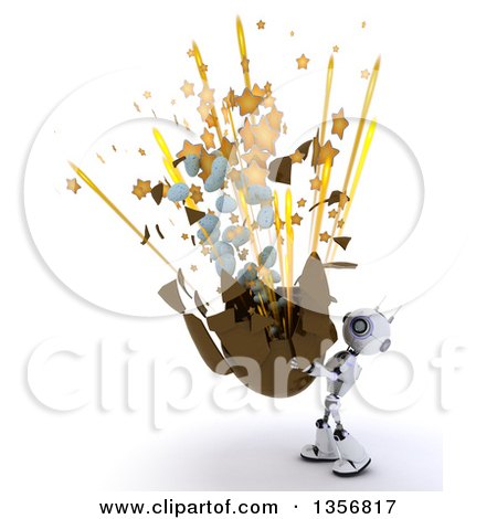Clipart of a 3d Futuristic Robot Holding up an Exploding Chocolate Easter Egg, on a Shaded White Background - Royalty Free Illustration by KJ Pargeter