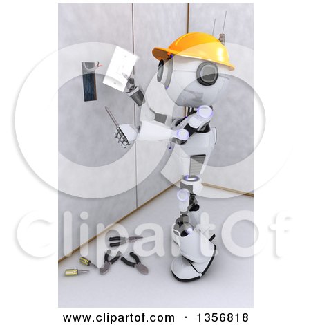 Clipart of a 3d Futuristic Robot Installing an Electrical Socket, on a Shaded White Background - Royalty Free Illustration by KJ Pargeter