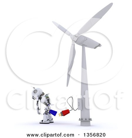 Clipart of a 3d Futuristic Robot Charging at a Windmill, on a Shaded White Background - Royalty Free Illustration by KJ Pargeter