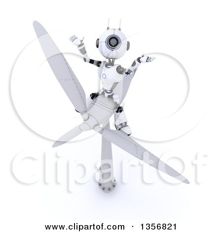 Clipart of a 3d Futuristic Robot Sitting on Top of a Wind Turbine, on a Shaded White Background - Royalty Free Illustration by KJ Pargeter
