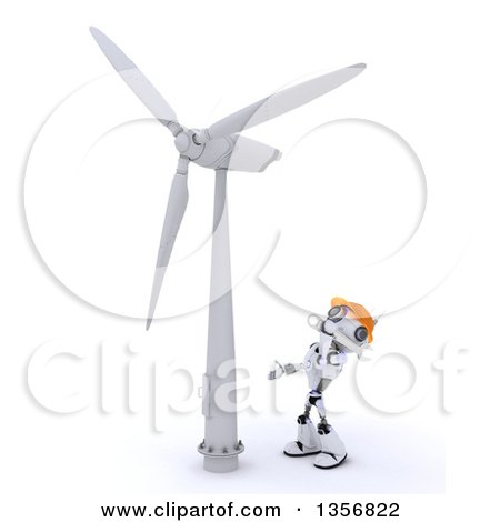 Clipart of a 3d Futuristic Robot Looking up at a Wind Turbine, on a Shaded White Background - Royalty Free Illustration by KJ Pargeter