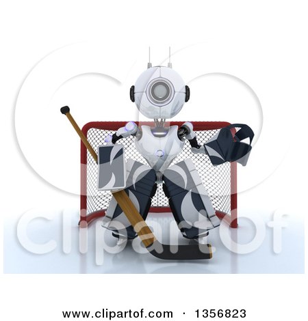 Clipart of a 3d Futuristic Robot Ice Hockey Goalie, on a Shaded White Background - Royalty Free Illustration by KJ Pargeter