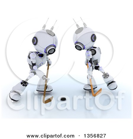 Clipart of 3d Futuristic Robots Playing Ice Hockey, on a Shaded White Background - Royalty Free Illustration by KJ Pargeter