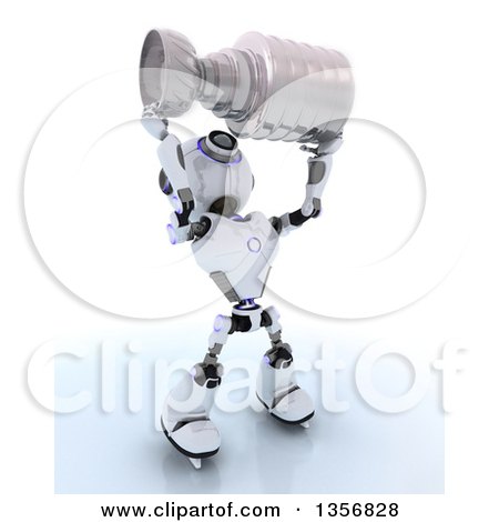 Clipart of a 3d Futuristic Robot Ice Hockey Champ Holding a Trophy, on a Shaded White Background - Royalty Free Illustration by KJ Pargeter