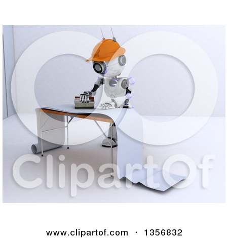 Clipart of a 3d Futuristic Robot Preparing Wallpaper, on a Shaded White Background - Royalty Free Illustration by KJ Pargeter