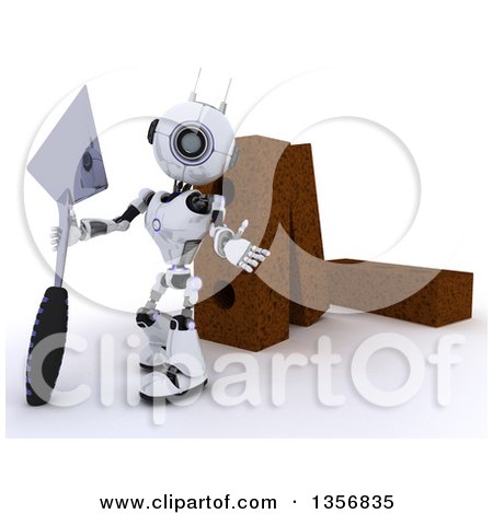 Clipart of a 3d Futuristic Robot Mason Holding a Trowel and Presenting by Giant Bricks, on a Shaded White Background - Royalty Free Illustration by KJ Pargeter