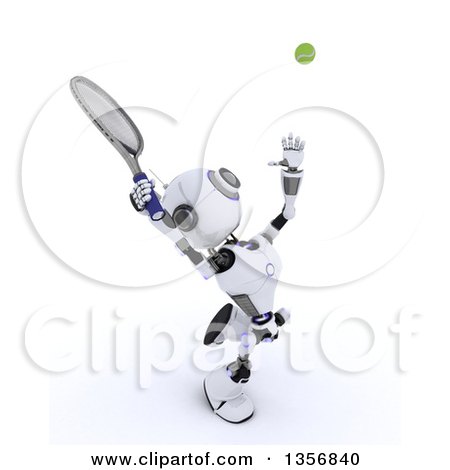 Clipart of a 3d Futuristic Robot Playing Tennis, on a Shaded White Background - Royalty Free Illustration by KJ Pargeter