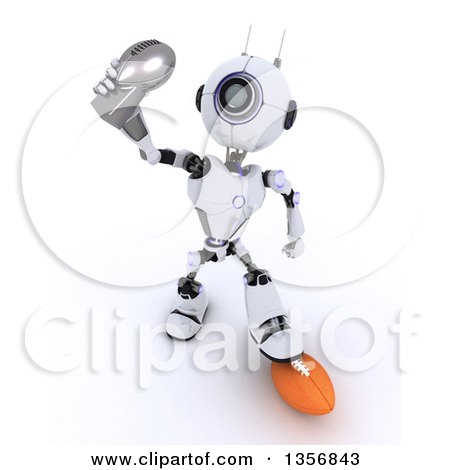Clipart of a 3d Futuristic Robot American Football Player Holding up a Trophy, on a Shaded White Background - Royalty Free Illustration by KJ Pargeter