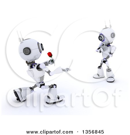 Clipart of a 3d Futuristic Robot Giving a Rose to His Love, on a Shaded White Background - Royalty Free Illustration by KJ Pargeter