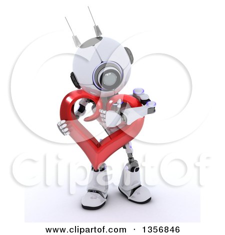 Clipart of a 3d Futuristic Robot Hugging a Red Heart, on a Shaded White Background - Royalty Free Illustration by KJ Pargeter