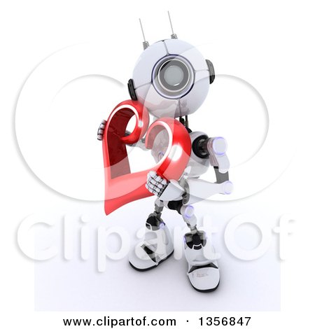 Clipart of a 3d Futuristic Robot Holding a Red Heart, on a Shaded White Background - Royalty Free Illustration by KJ Pargeter