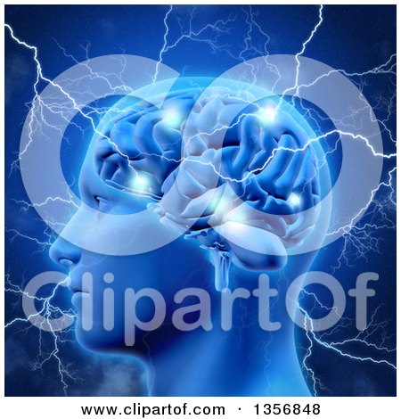 Clipart of a 3d Profiled Head and Human Brain Sparking and Being Struck with Lightning Bolts, over Blue - Royalty Free Illustration by KJ Pargeter
