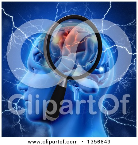 Clipart of a 3d Profiled Head and Human Brain Sparking and Being Struck with Lightning Bolts with a Magnifying Glass, over Blue - Royalty Free Illustration by KJ Pargeter