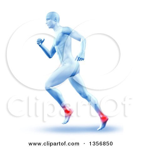 Clipart of a 3d Blue Anatomical Man Running with Glowing Ankle Joints, on White - Royalty Free Illustration by KJ Pargeter