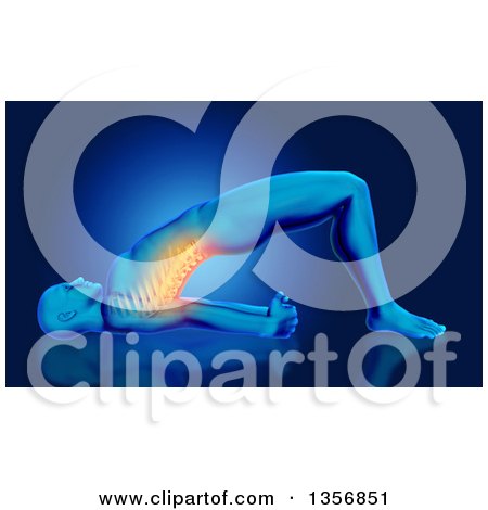 Clipart of a 3d Anatomical Man Stretching on the Floor, with Visible Glowing Spine, on Blue - Royalty Free Illustration by KJ Pargeter