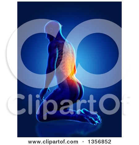 Clipart of a 3d Anatomical Man Kneeling on the Floor, with Glowing Pain and Visible Skeleton, on Blue - Royalty Free Illustration by KJ Pargeter