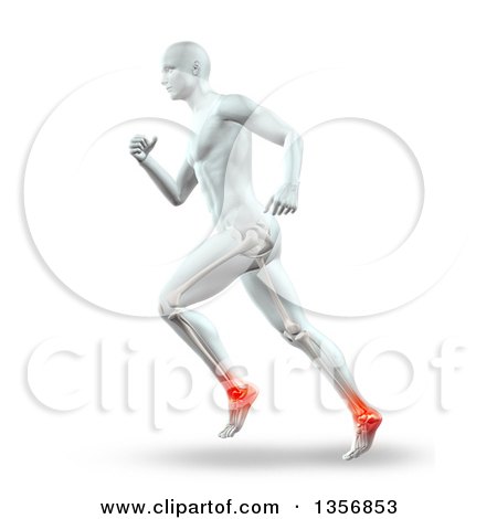 Clipart of a 3d Anatomical Man with Visible Leg Bones, Running with Glowing Ankle Joints, on White - Royalty Free Illustration by KJ Pargeter