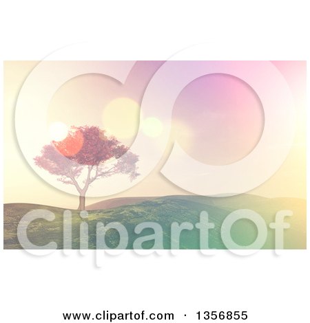 Clipart of a 3d Tree on a Grassy Hill, with Retro Flares - Royalty Free Illustration by KJ Pargeter