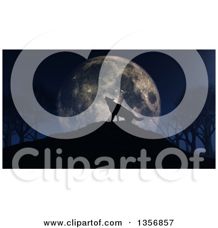 Clipart of a 3d Silhouetted Lone Wolf Howling up at a Full Moon Framed by Trees on a Hill - Royalty Free Illustration by KJ Pargeter